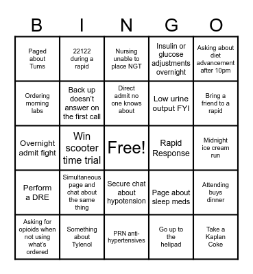 Resident Overnight Bingo Card