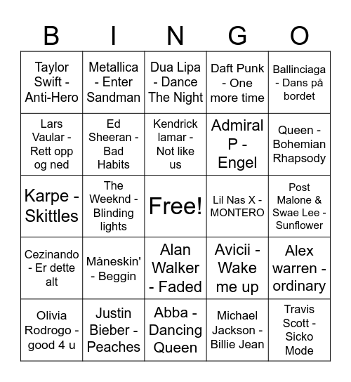 Musikkbingo Card