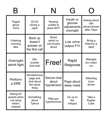 Resident Overnight Bingo Card