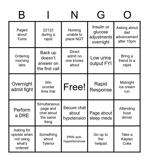 Resident Overnight Bingo Card