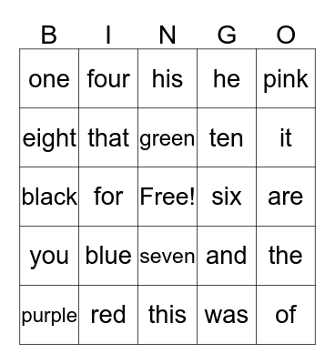 Number/Color Words & Set 1 Bingo Card