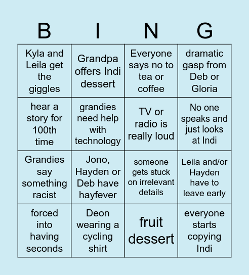 family dinner BINGOOO Bingo Card