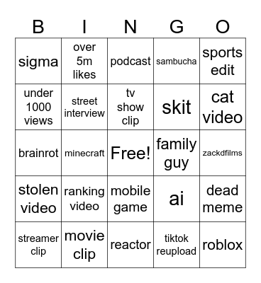 shorts Bingo Card