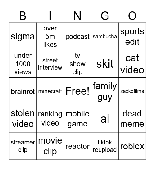 shorts Bingo Card