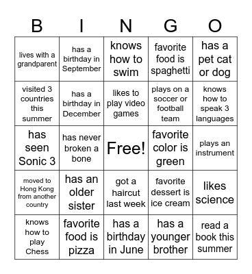 Beginning of Year BINGO Card