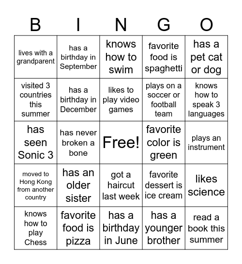 Beginning of Year BINGO Card