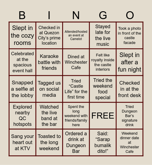 Camelot Hotel Long Weekend Bingo Card