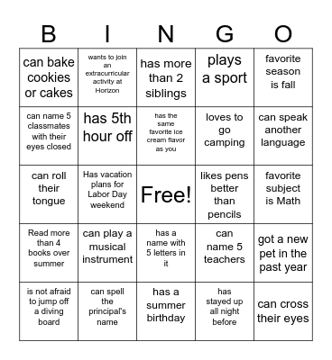 Classmate Bingo Card
