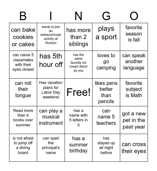 Classmate Bingo Card