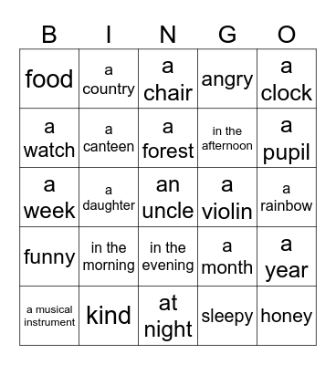 Vocabulary Bingo Card