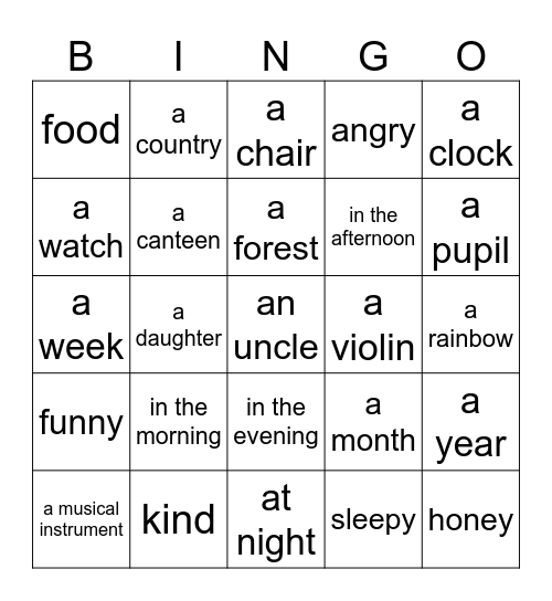 Vocabulary Bingo Card