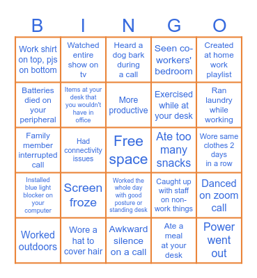 OPTUM Work From Home Bingo Card