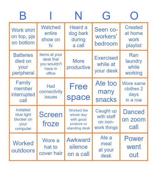 OPTUM Work From Home Bingo Card
