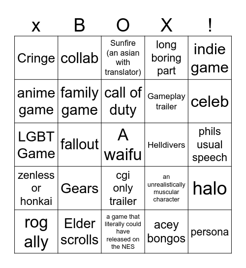 Xbox Bingo Card