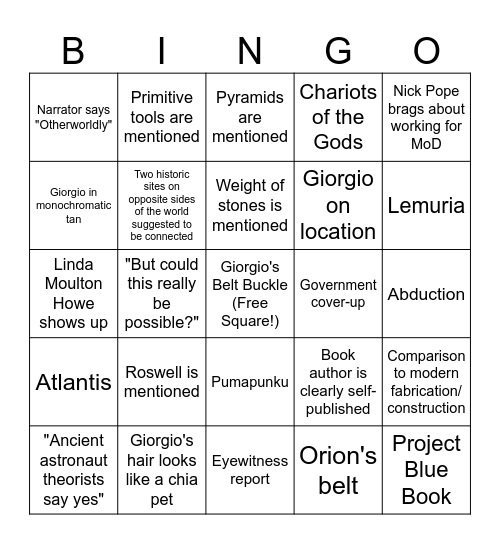 Ancient Aliens Bingo Card