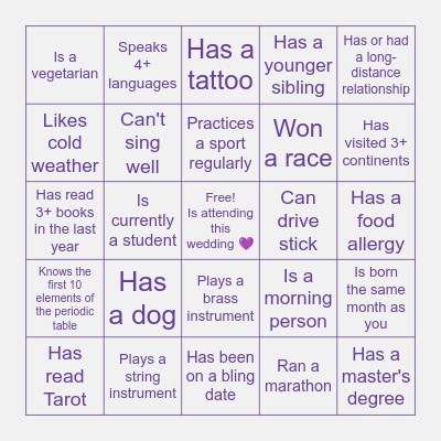 Wedding Bingo Card