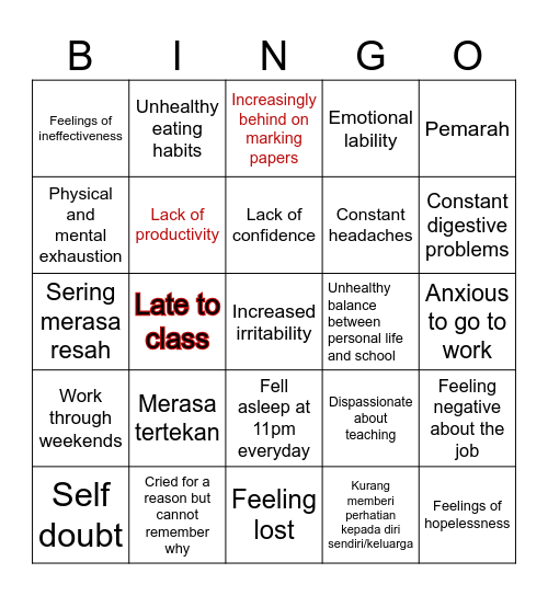 Burnout Bingo Card