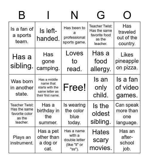 Bingo Scavenger Hunt Bingo Card