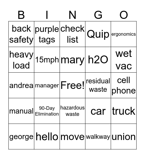Safety Bingo Card