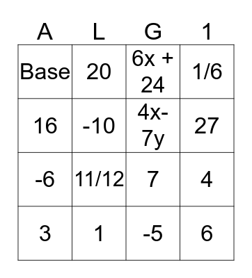 Algebra Review BINGO Card