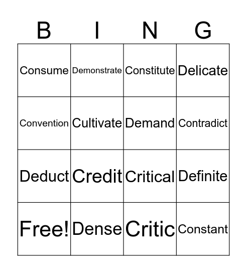 Week 10 Monday & Tuesday's Words Bingo Card