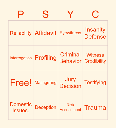 FORPSYCH BINGO GAME Bingo Card
