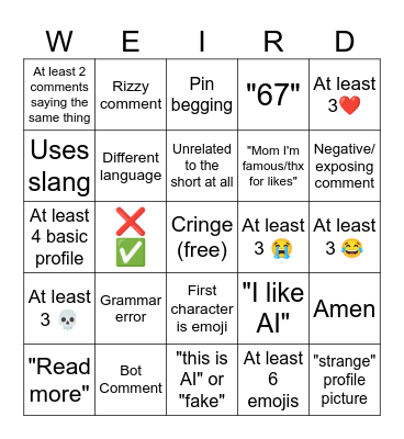 Youtube Shorts Comments Bingo Card