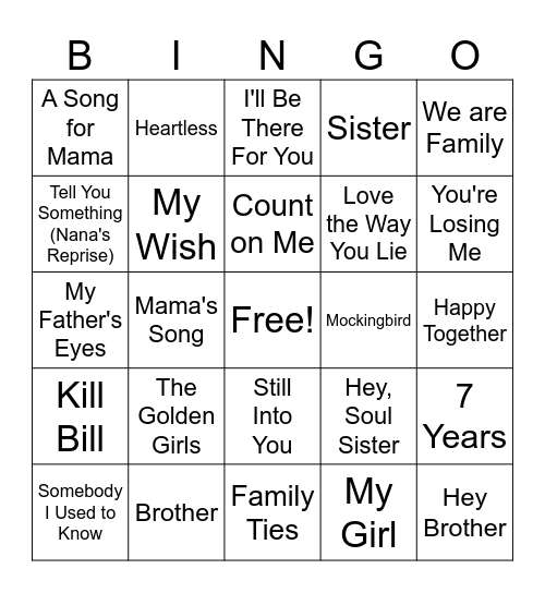 Relationship Songs Bingo Card