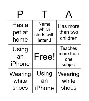 BED PTA Team Building Bingo Card