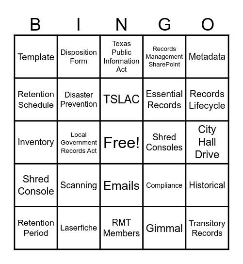 Records Management BINGO Card