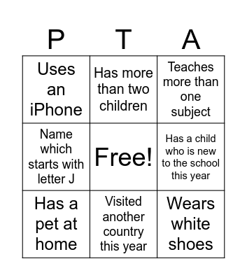BED PTA Team Building Bingo Card
