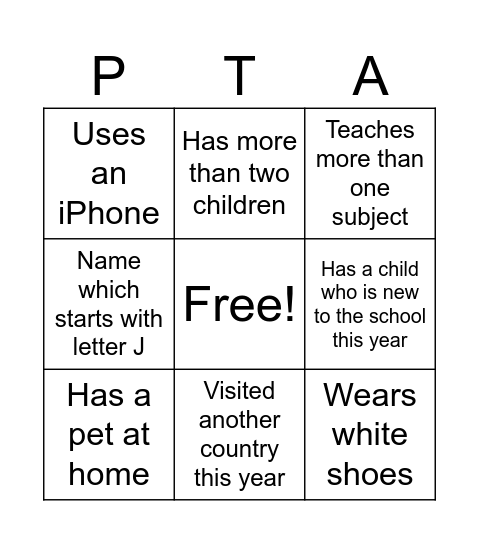 BED PTA Team Building Bingo Card