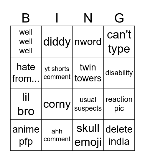 ig reels comments Bingo Card