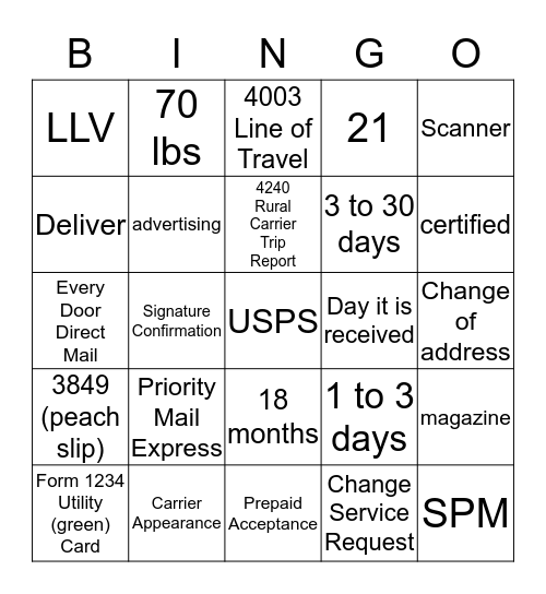 Postal Bingo Card