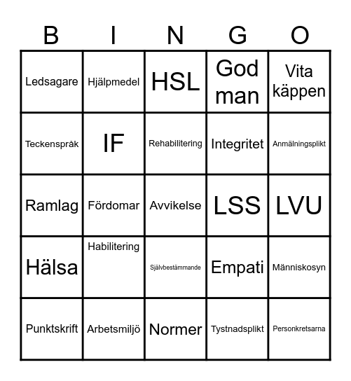 Funktionsförmåga och funktionsnedsättning och Social omsorg Bingo Card