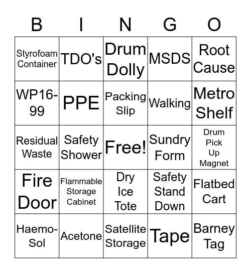 Safety Bingo Card
