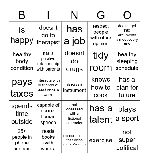 NORMAL HUMAN BINGO Card