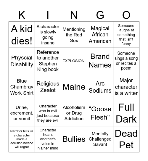 Stephen King Bingo Card