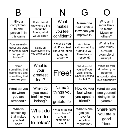 EMOTIONAL REGULATION Bingo Card