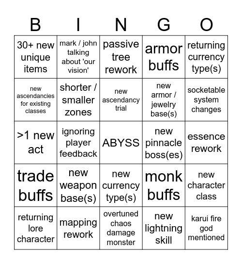 POE2 0.3.0 update Bingo Card