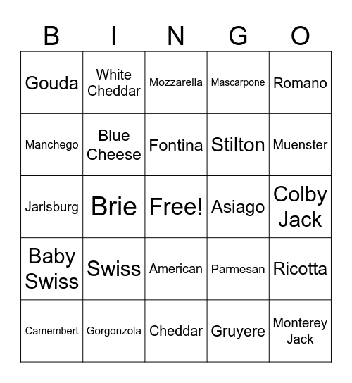 Cheeses Bingo Card
