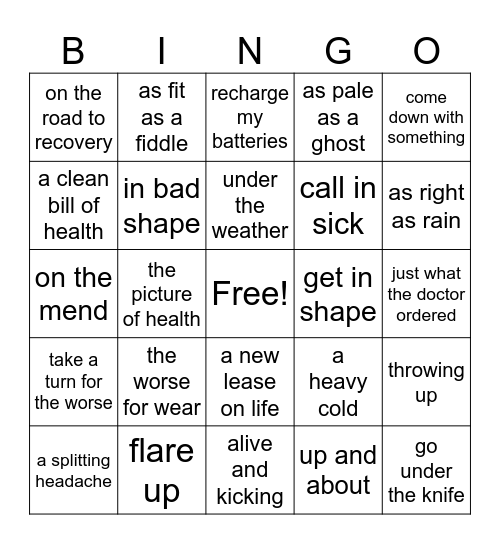 30 Describing your health Bingo Card