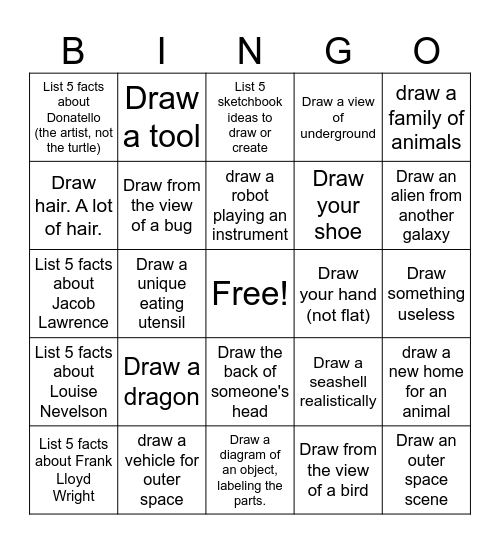 Sketchbook Drawing Prompt Bingo (#1) Bingo Card