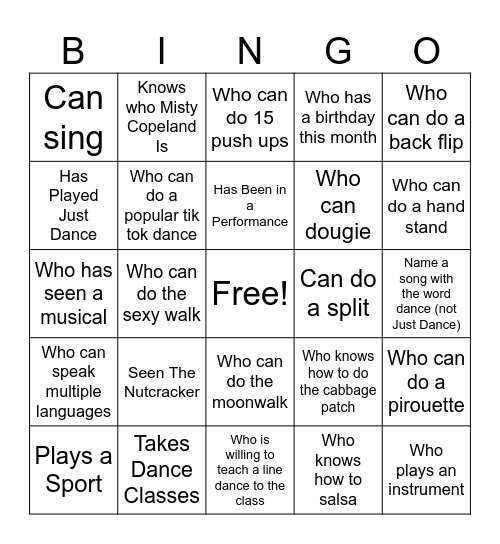 Dance Bingo Card