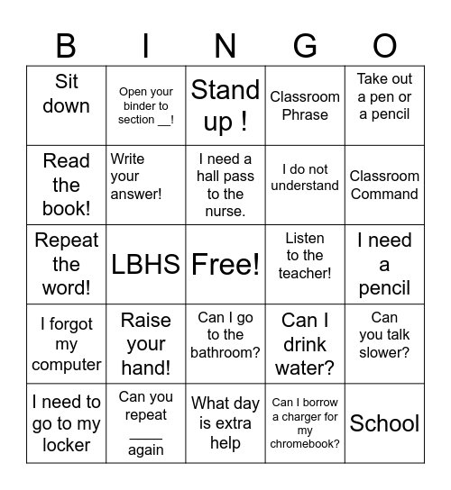 Classroom Commands & Phrases Bingo Card