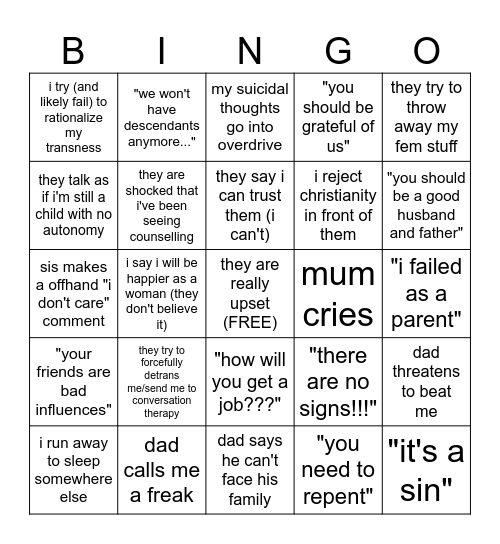my parents found out im on hrt Bingo Card