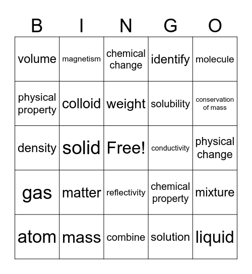 Matter and Its Properties Bingo Card