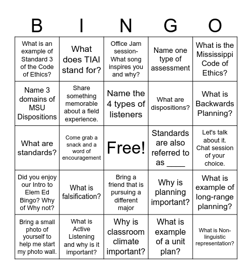 Intro to Elem Ed Bingo Card