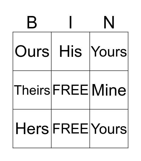 Possessive Pronouns Bingo Card