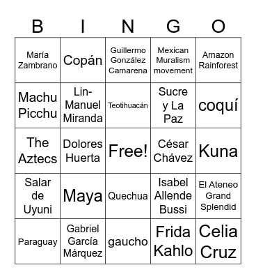 Hispanic Heritage Month Bingo Card